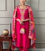 Pink viscose chanderi kurta pant dupatta set
