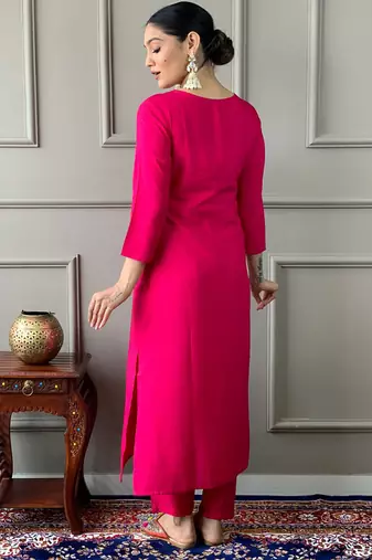 Pink viscose chanderi kurta pant dupatta set