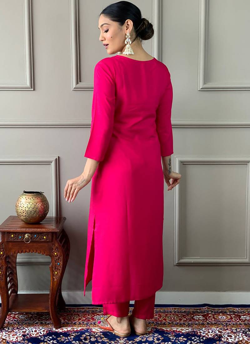 Pink viscose chanderi kurta pant dupatta set