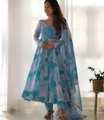 Women's Beautiful Printed Organza Silk Fabric Flared Anarkali Pant and Dupatta Set
