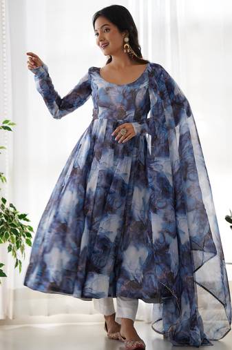 Women's Beautiful Printed Organza Silk Fabric Flared Anarkali Pant and Dupatta Set