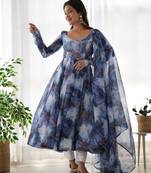 Women's Beautiful Printed Organza Silk Fabric Flared Anarkali Pant and Dupatta Set