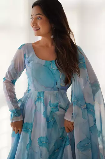 Women's Beautiful Printed Organza Silk Fabric Flared Anarkali Pant and Dupatta Set