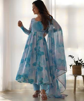 Women's Beautiful Printed Organza Silk Fabric Flared Anarkali Pant and Dupatta Set 3