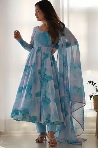 Women's Beautiful Printed Organza Silk Fabric Flared Anarkali Pant and Dupatta Set