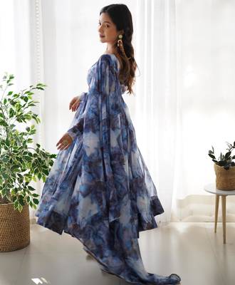 Women's Beautiful Printed Organza Silk Fabric Flared Anarkali Pant and Dupatta Set 3