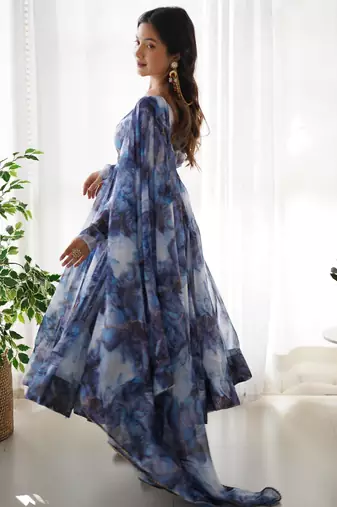 Women's Beautiful Printed Organza Silk Fabric Flared Anarkali Pant and Dupatta Set