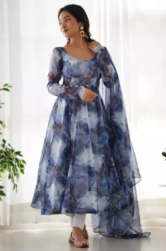 Women's Beautiful Printed Organza Silk Fabric Flared Anarkali Pant and Dupatta Set