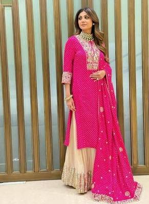 Pink fox georgette sharara suit with embroidered dupatta 1