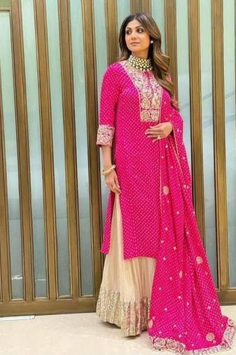 Pink fox georgette sharara suit with embroidered dupatta