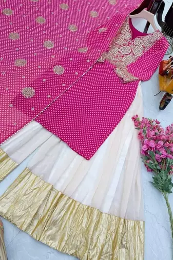 Pink fox georgette sharara suit with embroidered dupatta