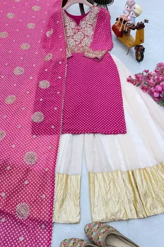 Pink fox georgette sharara suit with embroidered dupatta