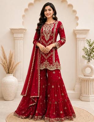 Red faux georgette embroidered sharara suit set with dupatta 1
