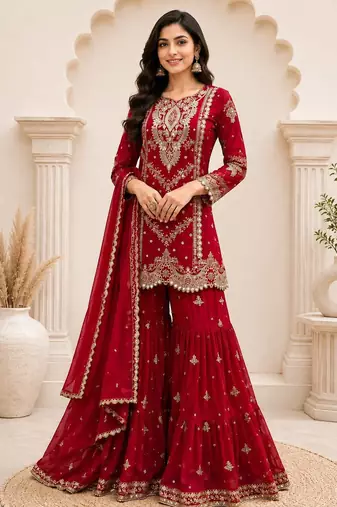 Red faux georgette embroidered sharara suit set with dupatta