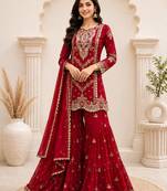 Red faux georgette embroidered sharara suit set with dupatta