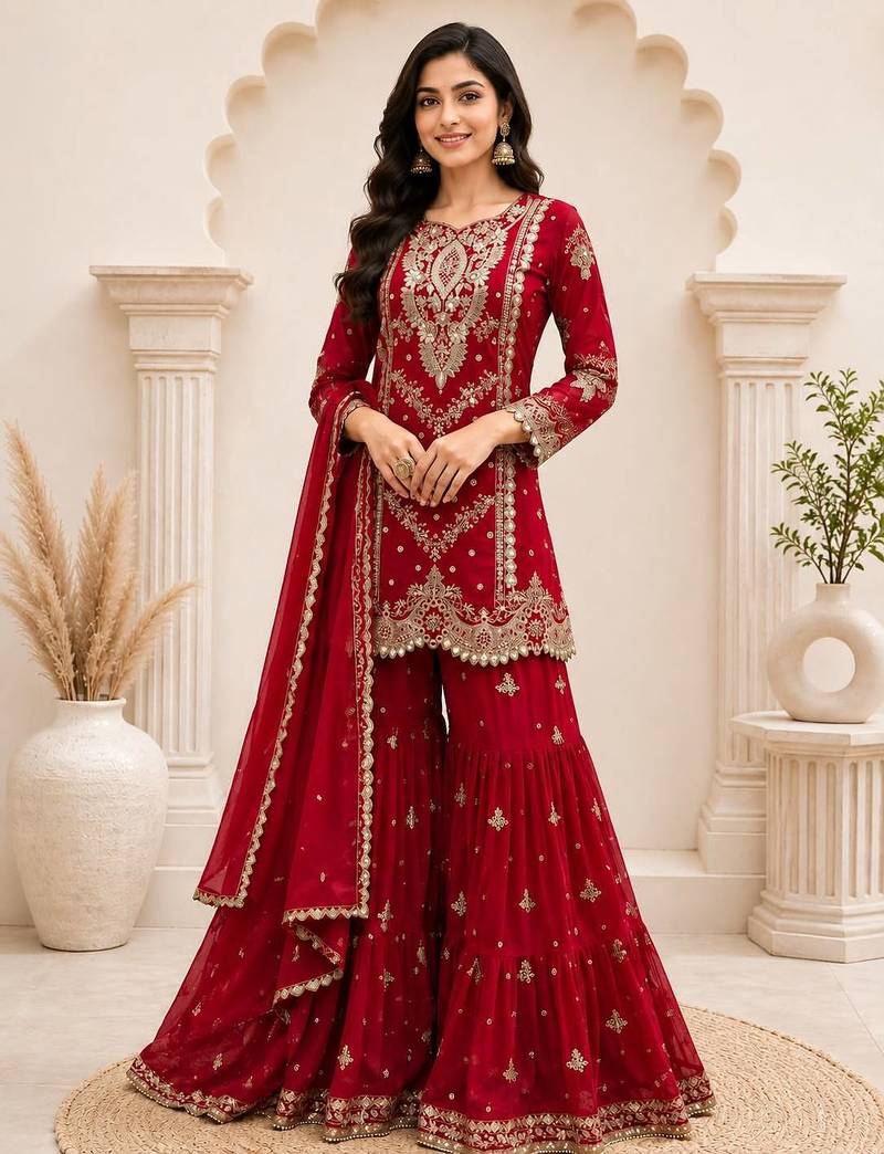 Red faux georgette embroidered sharara suit set with dupatta