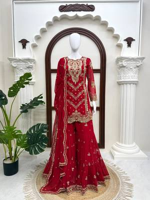 Red faux georgette embroidered sharara suit set with dupatta 2