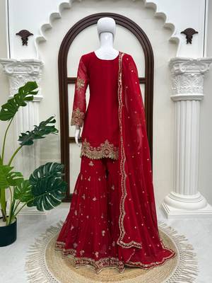 Red faux georgette embroidered sharara suit set with dupatta 3
