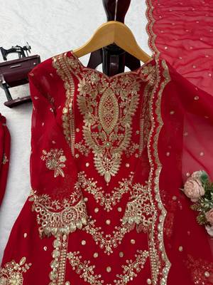 Red faux georgette embroidered sharara suit set with dupatta 4
