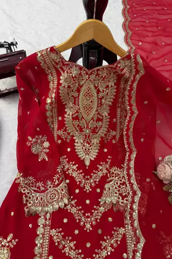 Red faux georgette embroidered sharara suit set with dupatta