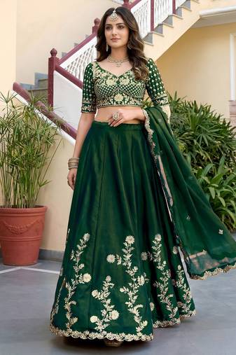 Green Thread & Sequins Emroidery  Silk blend Lehenga Choli With Dupatta