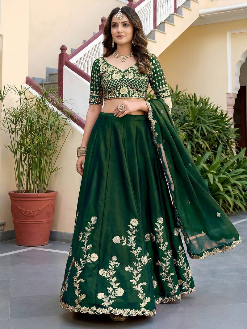 Green Thread & Sequins Emroidery  Silk blend Lehenga Choli With Dupatta