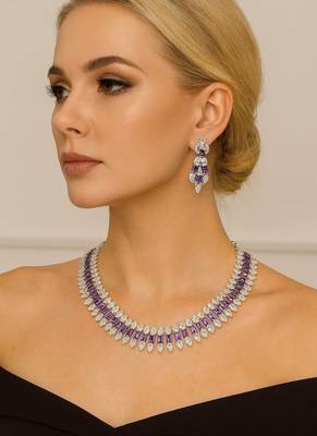 Amethyst Bridal Jewelry Set: Cubic Zirconia Necklace & Drop Earrings 1