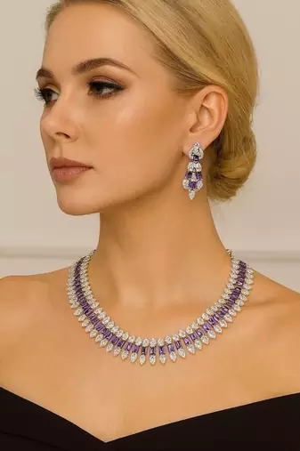 Amethyst Bridal Jewelry Set: Cubic Zirconia Necklace & Drop Earrings
