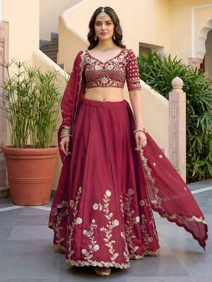 Maroon Thread & Sequins Emroidery  Silk blend Lehenga Choli With Dupatta 1
