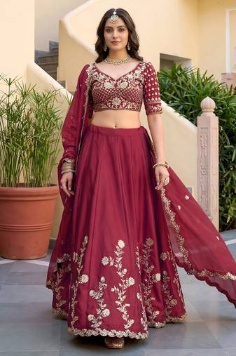 Maroon Thread & Sequins Emroidery  Silk blend Lehenga Choli With Dupatta