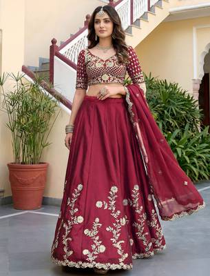 Maroon Thread & Sequins Emroidery  Silk blend Lehenga Choli With Dupatta 3