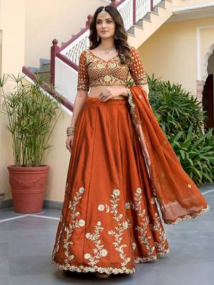 Orange Thread & Sequins Emroidery  Silk blend Lehenga Choli With Dupatta 1