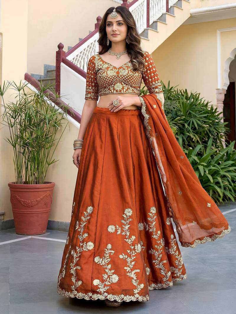 Orange Thread & Sequins Emroidery  Silk blend Lehenga Choli With Dupatta