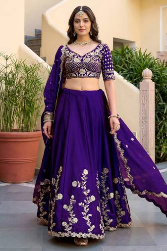 Purple Thread & Sequins Emroidery  Silk blend Lehenga Choli With Dupatta