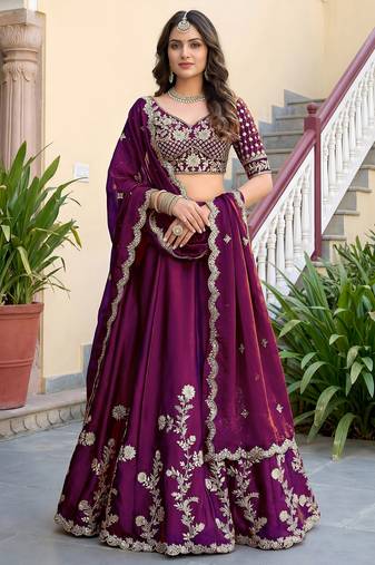 Wine Thread & Sequins Emroidery  Silk blend Lehenga Choli With Dupatta