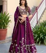Wine Thread & Sequins Emroidery  Silk blend Lehenga Choli With Dupatta