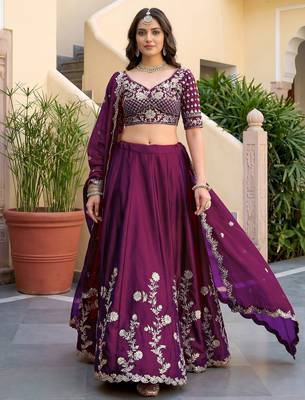 Wine Thread & Sequins Emroidery  Silk blend Lehenga Choli With Dupatta 3