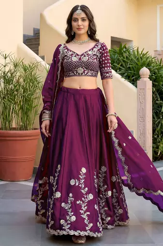 Wine Thread & Sequins Emroidery  Silk blend Lehenga Choli With Dupatta