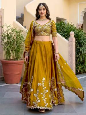 Yellow Thread & Sequins Emroidery  Silk blend Lehenga Choli With Dupatta 1