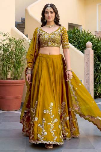 Yellow Thread & Sequins Emroidery  Silk blend Lehenga Choli With Dupatta