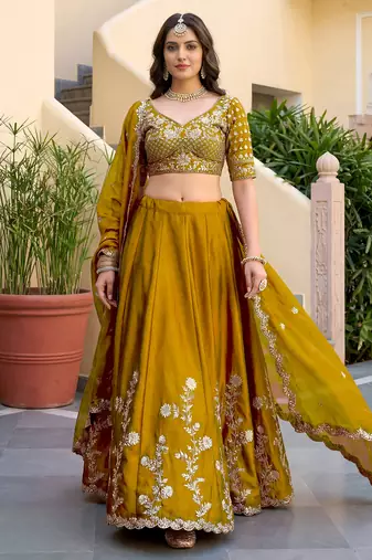 Yellow Thread & Sequins Emroidery  Silk blend Lehenga Choli With Dupatta