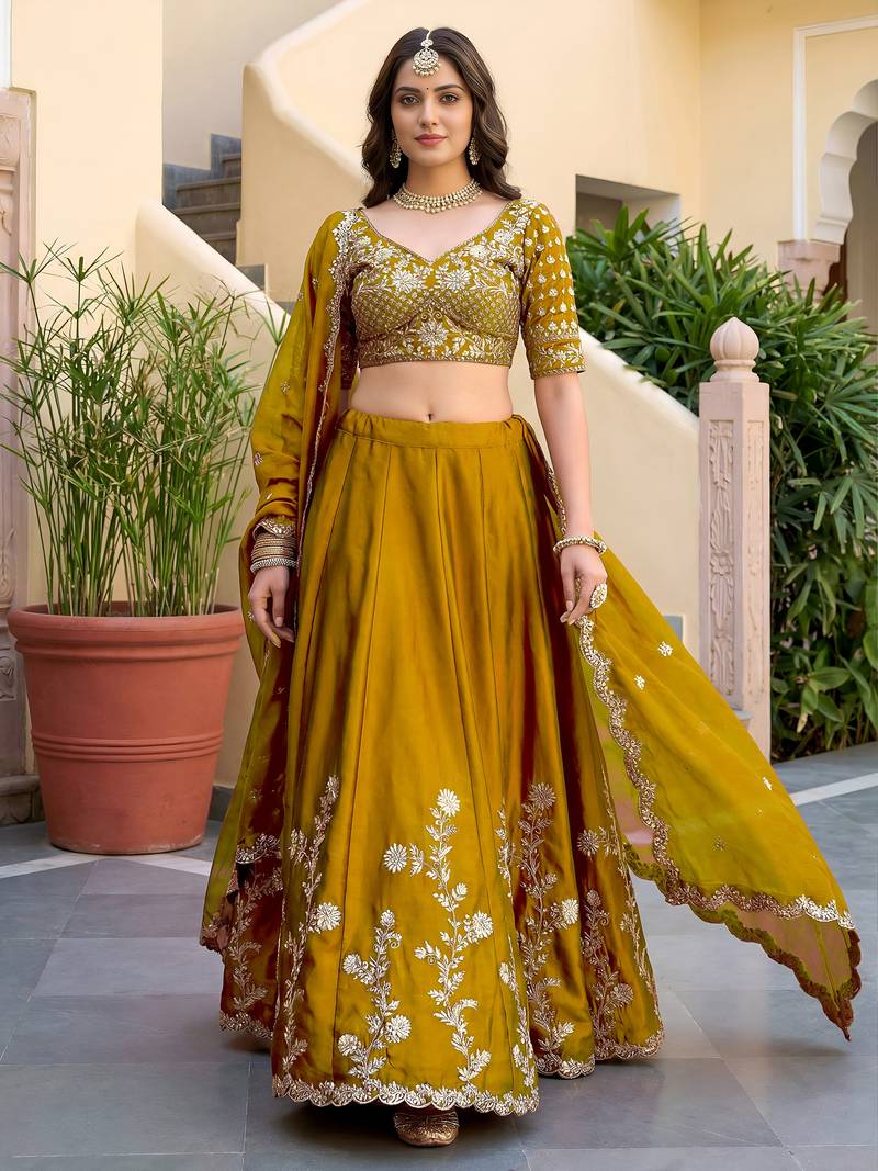 Yellow Thread & Sequins Emroidery  Silk blend Lehenga Choli With Dupatta