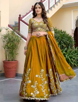 Yellow Thread & Sequins Emroidery  Silk blend Lehenga Choli With Dupatta 3
