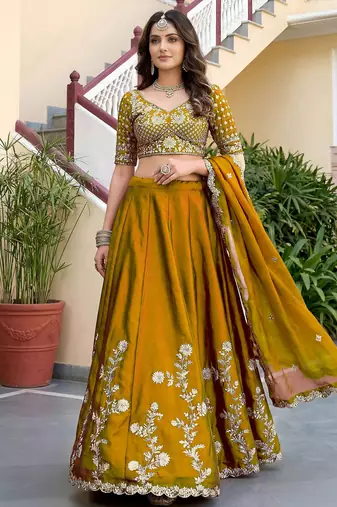Yellow Thread & Sequins Emroidery  Silk blend Lehenga Choli With Dupatta