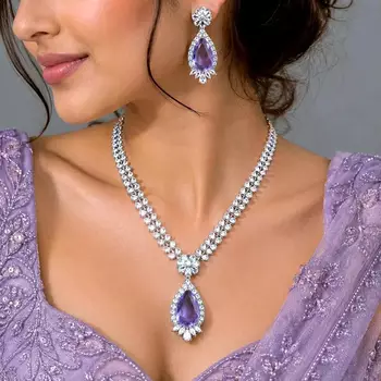 Amethyst Purple Bridal Jewelry Set, Tear Crystal Necklace, Drop Earrings, Lavender Wedding Accessory 1