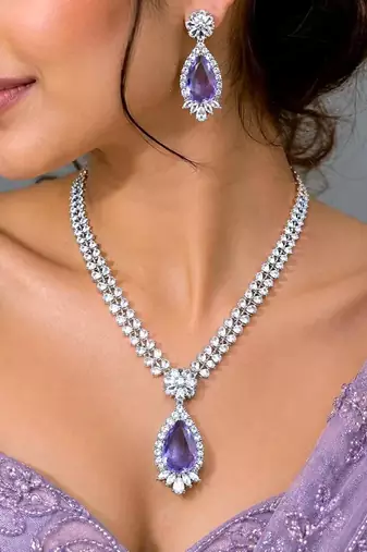 Amethyst Purple Bridal Jewelry Set, Tear Crystal Necklace, Drop Earrings, Lavender Wedding Accessory