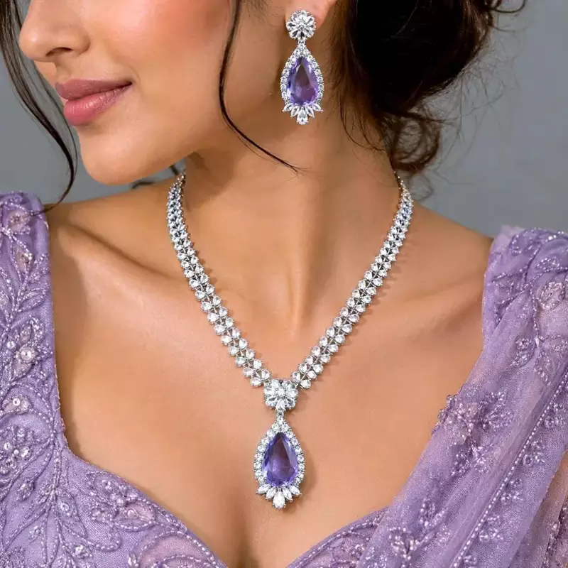 Amethyst Purple Bridal Jewelry Set, Tear Crystal Necklace, Drop Earrings, Lavender Wedding Accessory