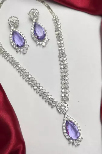 Amethyst Purple Bridal Jewelry Set, Tear Crystal Necklace, Drop Earrings, Lavender Wedding Accessory