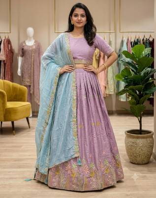 lavender silk blend embroidered wedding lehenga choli with free size upto 44 2