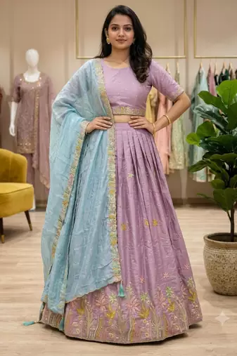 lavender silk blend embroidered Wedding lehenga choli